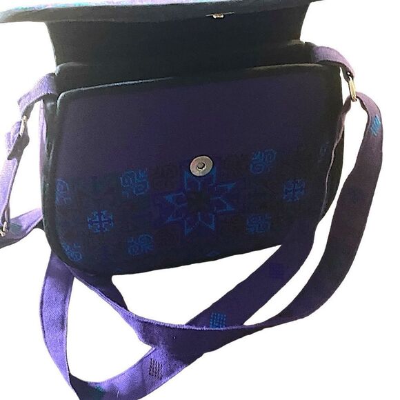 Blue Purple Embroidered Star Cross Adjustable Crossbody Hard Body Cotton Purse - Picture 5 of 6